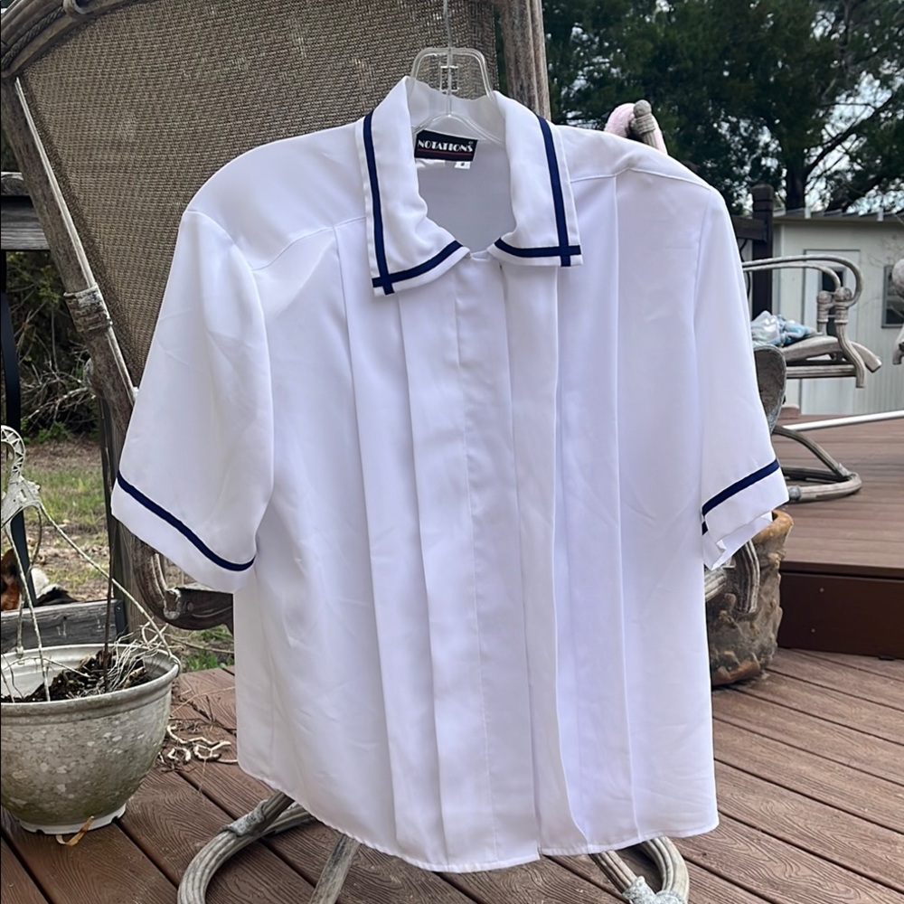 Vintage 1980 Notations White Blouse with Navy Accents shoulder pads